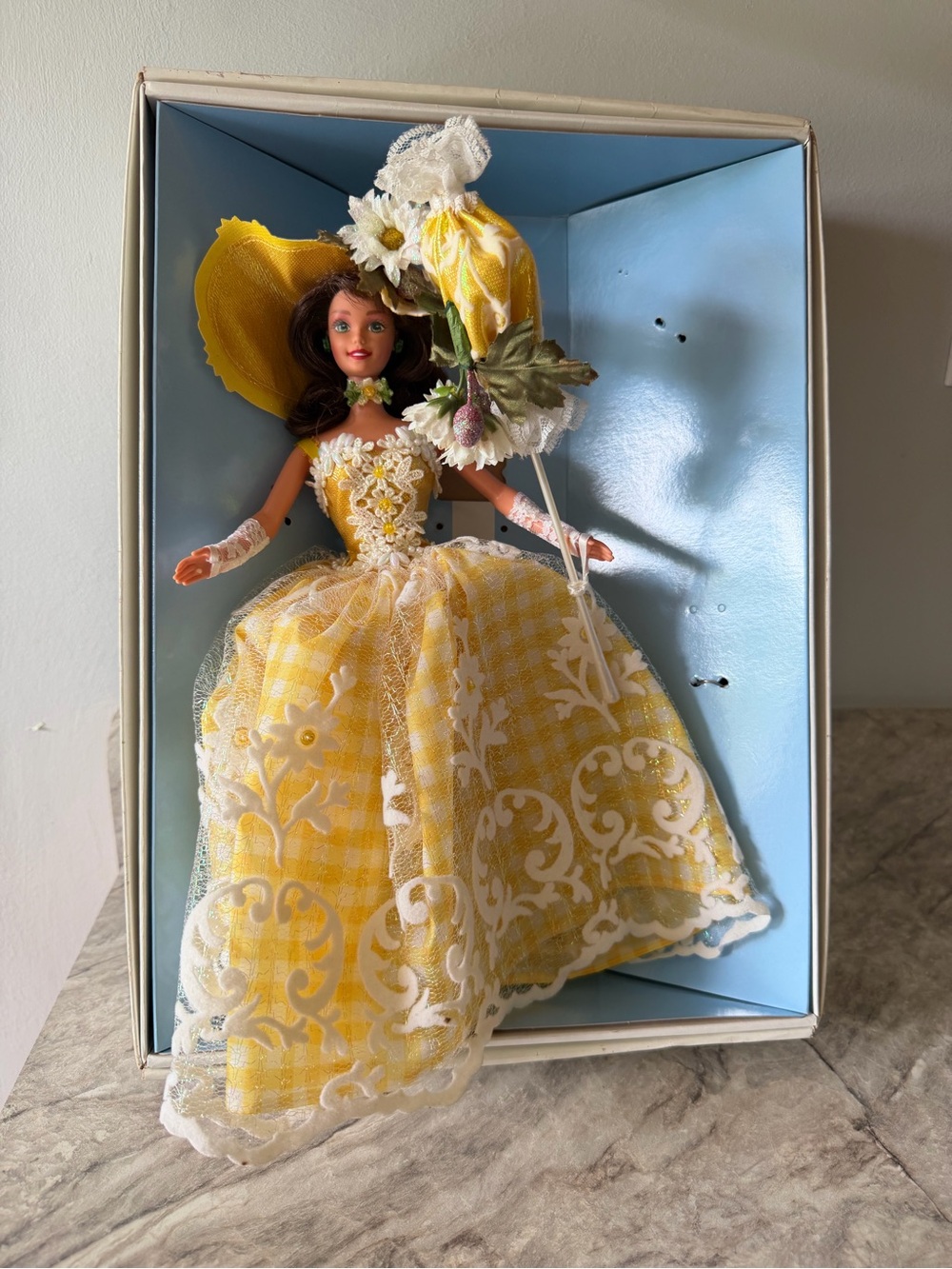 Vintage 1996 Barbie Doll Mattel Yellow Gingham Floral Ball Gown Fashion